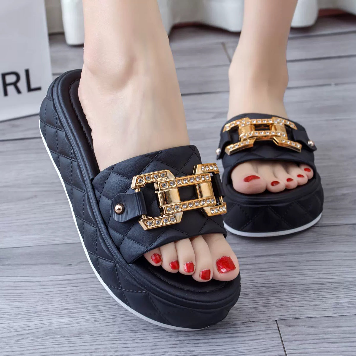 Women’s Rhinestone Buckle Platform Slides, Open-Toe PVC Fashion Slippers, Sizes 36-40