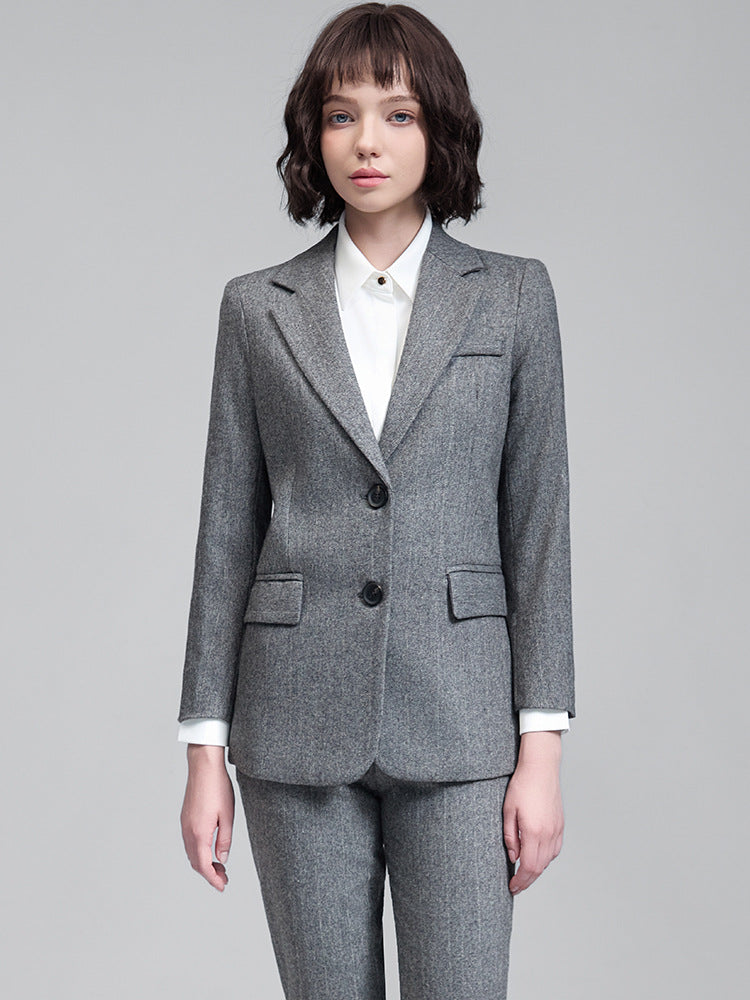 Setelan Jas Bisnis Wanita Bahan Wol Campuran Blazer & Celana Panjang Pakaian Formal Kantor Wawancara untuk Musim Gugur
