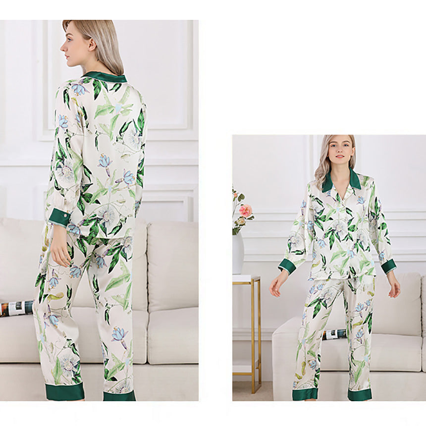 Set Piyama Wanita Lengan Panjang Motif Bunga dengan Aksen Pinggiran, Atasan Kancing Depan dan Celana, Ukuran S-XL