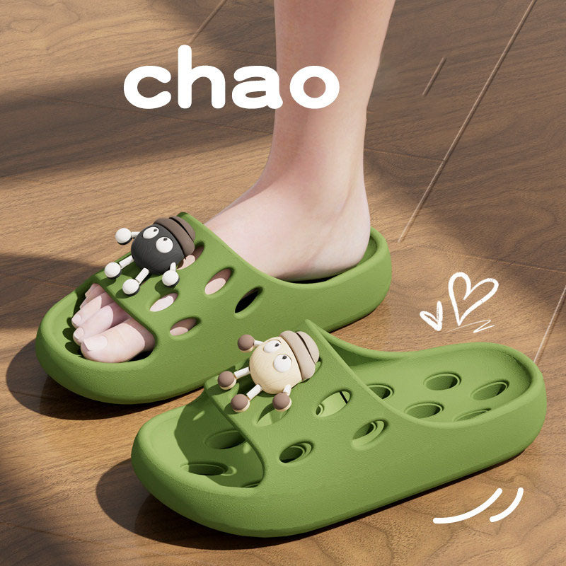 Cute Cartoon Decor EVA Shower Slides, Hollow Drainage Non‑Slip Odor‑Resistant Silent Bathroom Slippers for Women