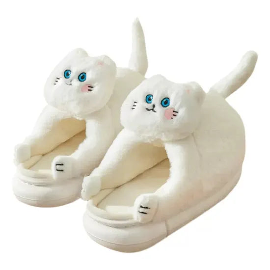 Cute Cat Fuzzy Indoor Slippers, Plush Winter House Shoes with PVC Outsole, Unisex Style