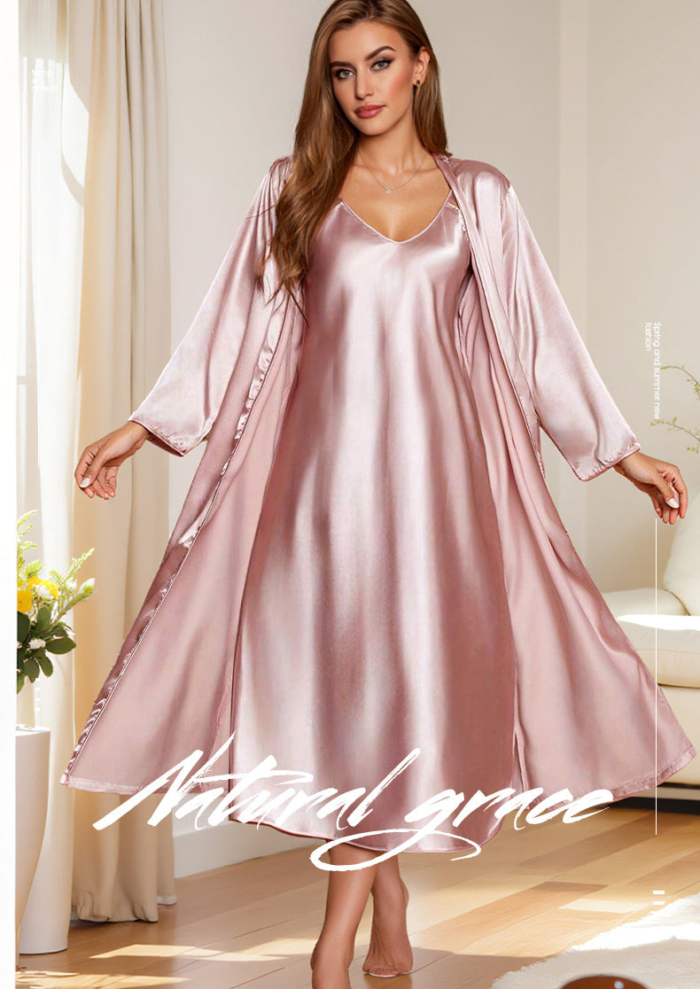 Set Piyama Satin Wanita Baju Tidur Kamisol Kerah V + Jubah Lengan Panjang Pakaian Santai Halus