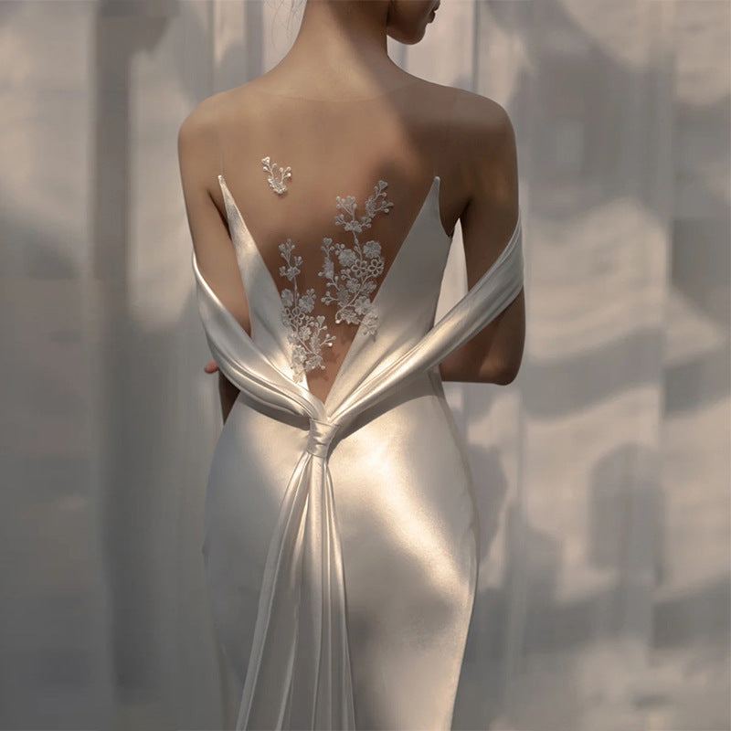 French Satin Mermaid Wedding Dress, Backless Lace Appliques Bridal Gown With Detachable Train, Elegant White Wedding Dress