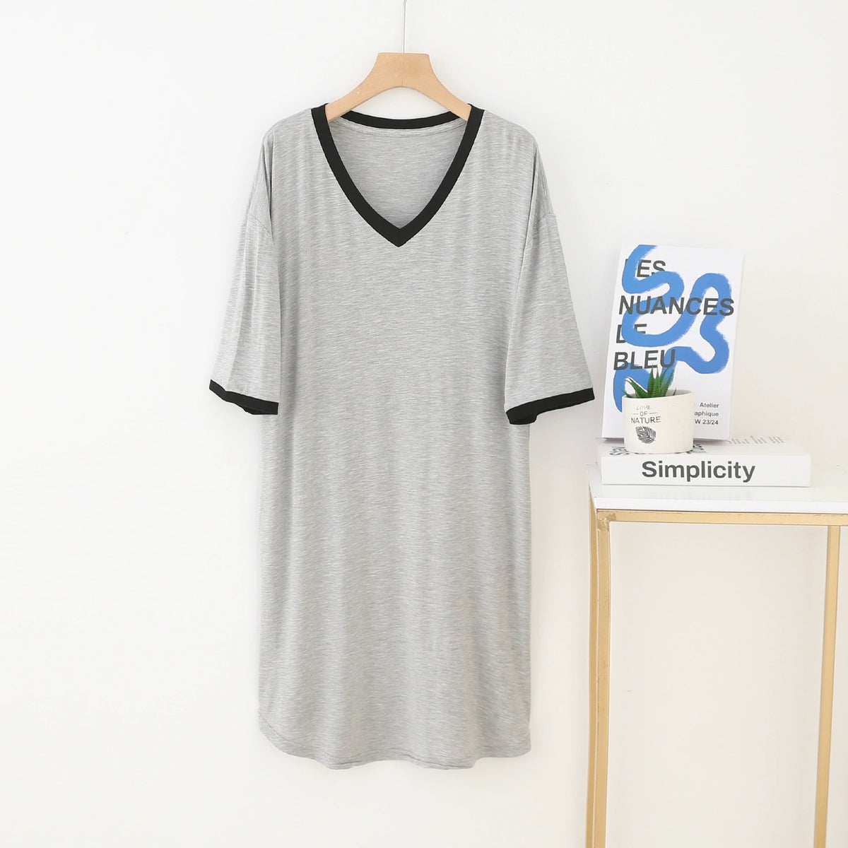 Daster Midi Wanita Kerah V, Gaun Santai Lengan Pendek Bahan Modal, Ukuran S-3XL