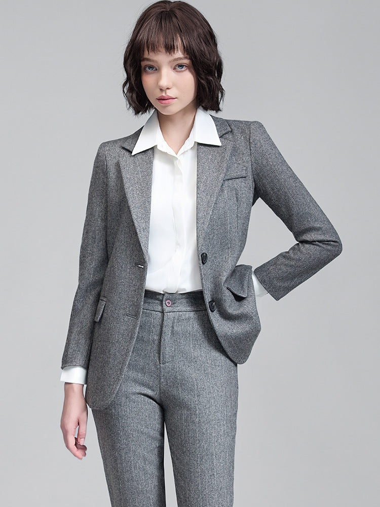 Setelan Jas Bisnis Wanita Bahan Wol Campuran Blazer & Celana Panjang Pakaian Formal Kantor Wawancara untuk Musim Gugur