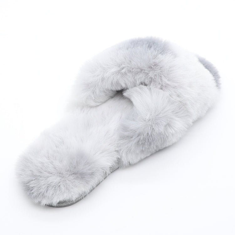 Cross-Band Faux-Fur Slippers for Women, Plush Open-Toe Indoor House Shoes, EU Sizes 36-46