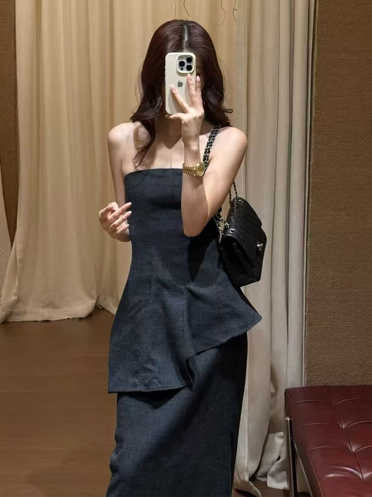 Dark Navy 2‑Piece Outfit | Strapless Tube Top + High‑Waist Midi Skirt Women Summer Co‑ord Set
