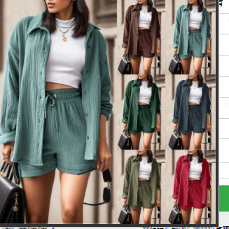 Set 2-Potong Katun Linen Kerut | Pakaian Kasual Wanita Kemeja Lengan Panjang Kancing Depan & Celana Pendek Serut High Waist S-XXL