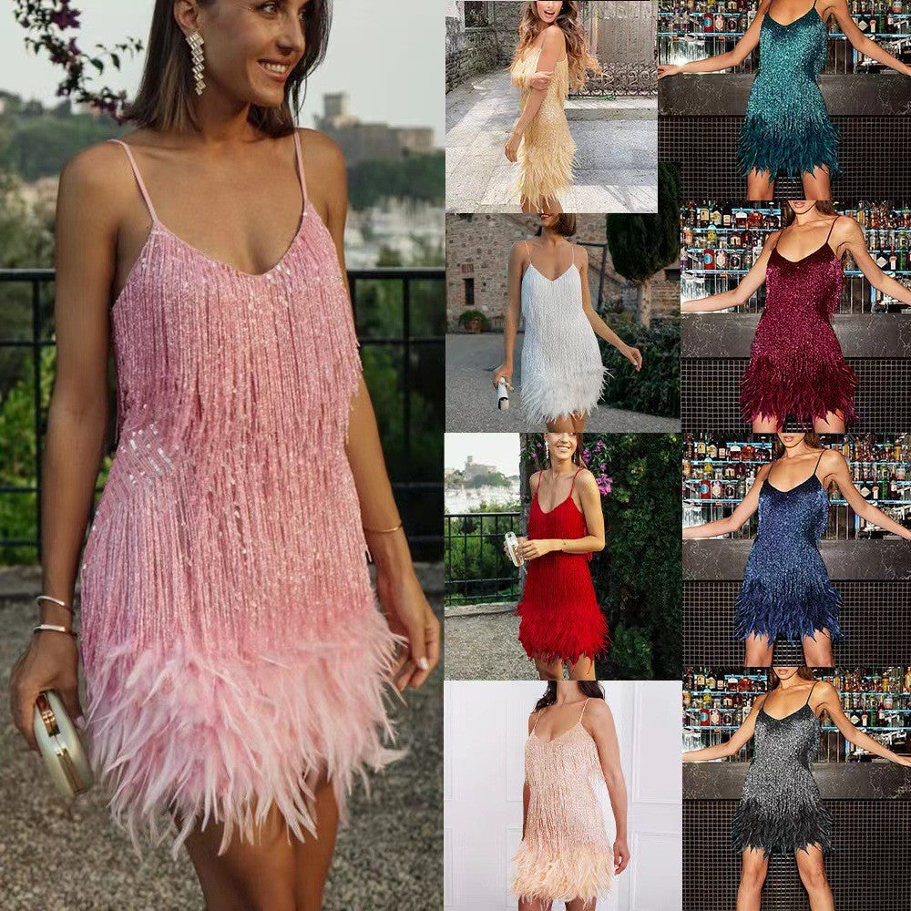 Women's Spaghetti Strap Fringe Mini Dress – V-Neck Party & Cocktail Dress