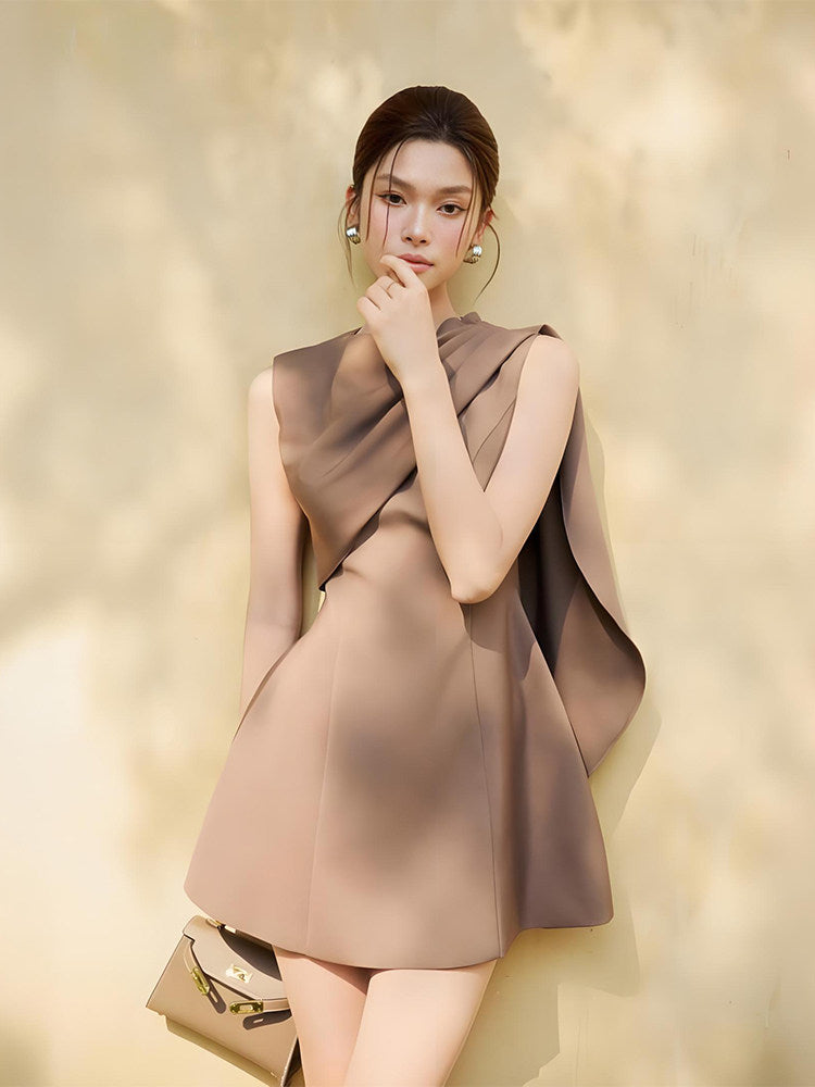 Women's Camel Asymmetric Draped Sleeveless Mini Dress