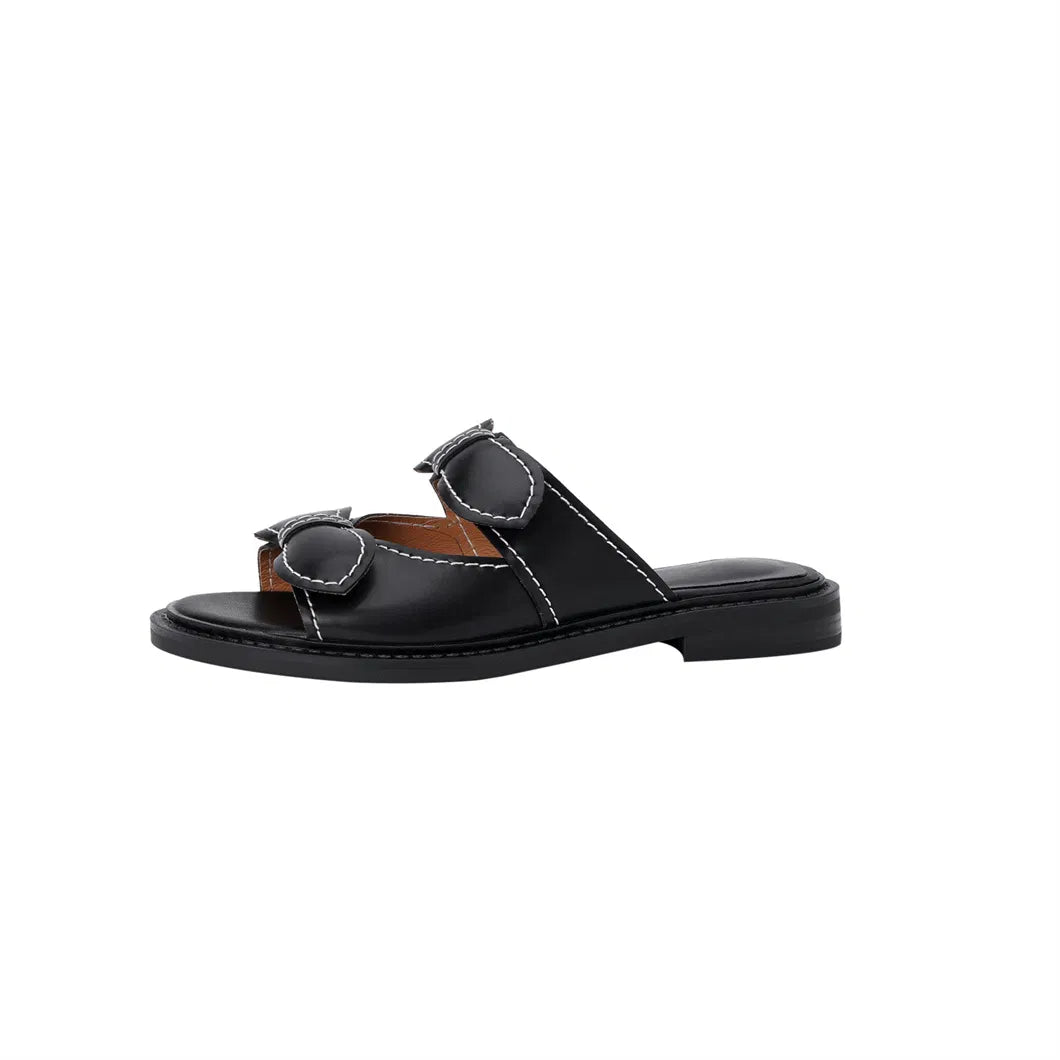 Women's Double-Knot Leather Slides, Square-Toe Flat Sandals with Contrast Stitching, EU 36-40 / US 6-10