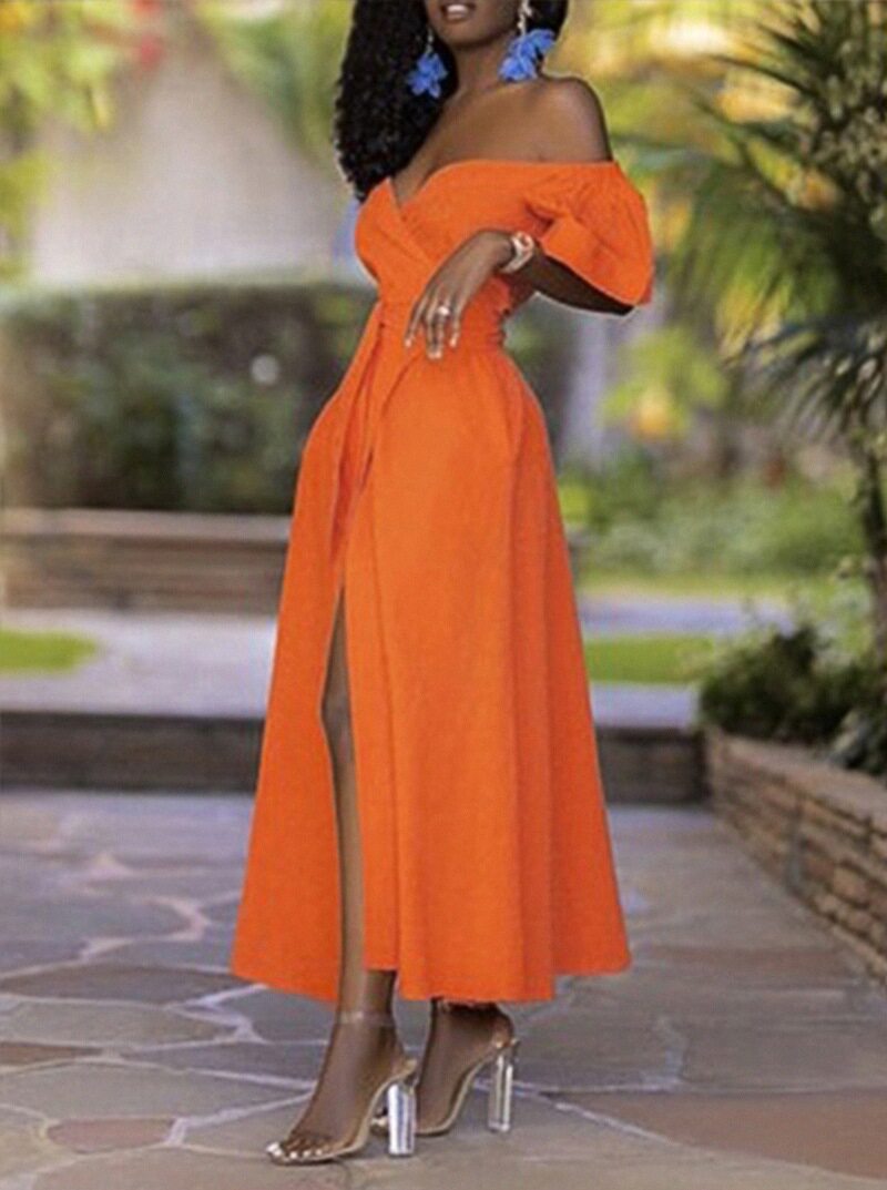 Off‑Shoulder Wrap Maxi Dress | Short Flutter Sleeve Tie Waist High Slit Party Evening Dress for Women S‑3XL