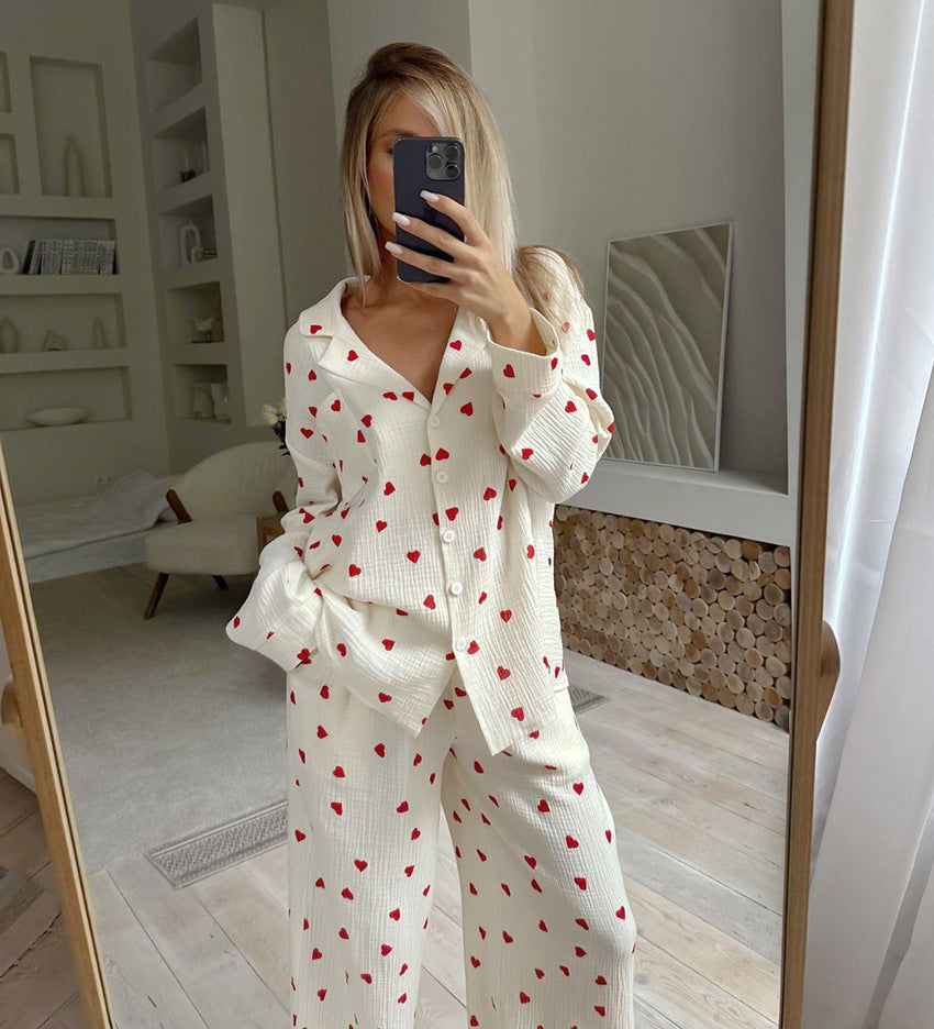 Set Piyama Katun Kerut Motif Hati | Setelan Loungewear 2 Potong Wanita Atasan Kancing Lengan Panjang & Celana Panjang S‑XL
