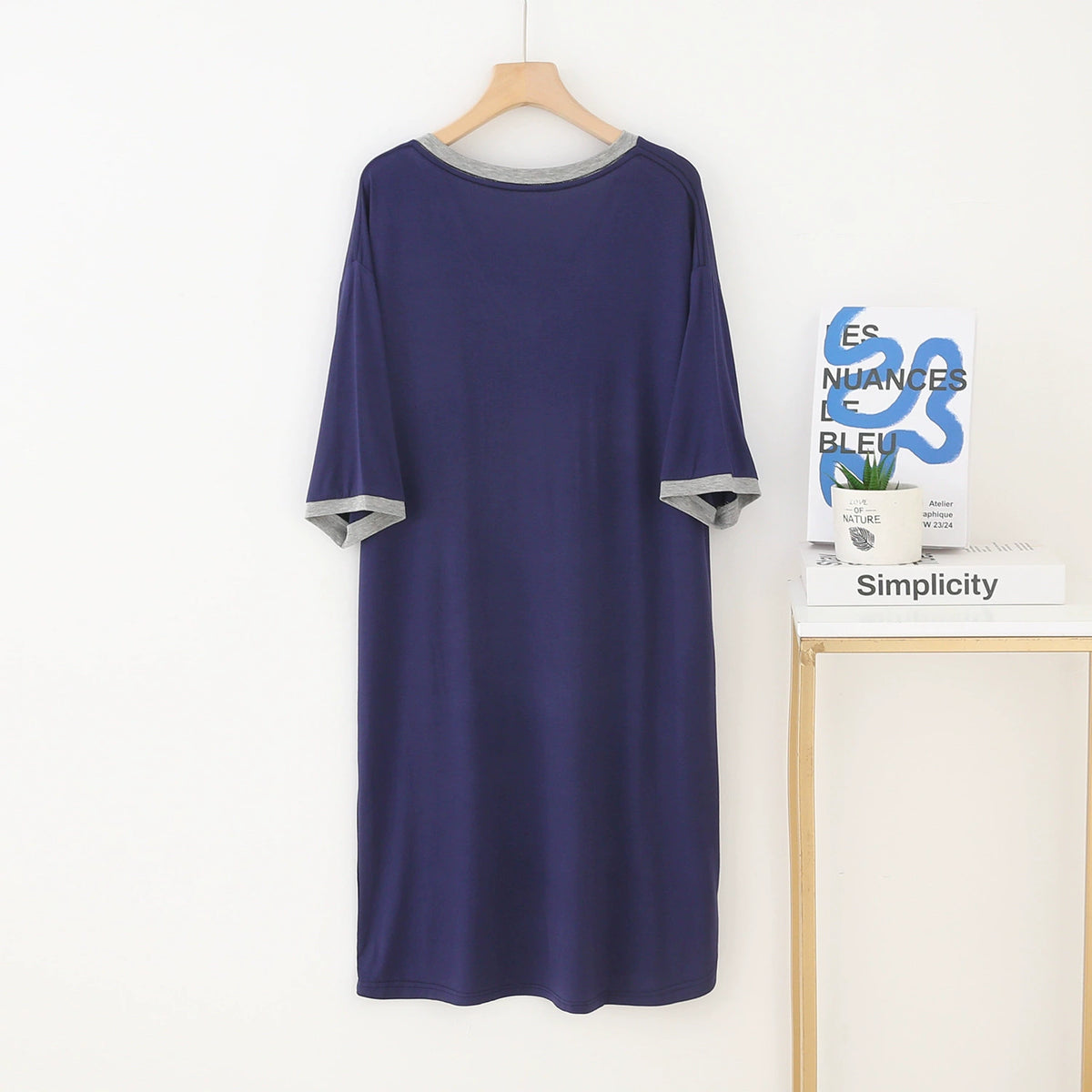 Daster Midi Wanita Kerah V, Gaun Santai Lengan Pendek Bahan Modal, Ukuran S-3XL