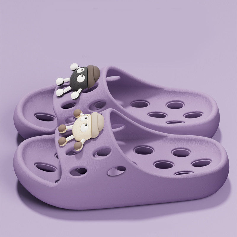 Cute Cartoon Decor EVA Shower Slides, Hollow Drainage Non‑Slip Odor‑Resistant Silent Bathroom Slippers for Women
