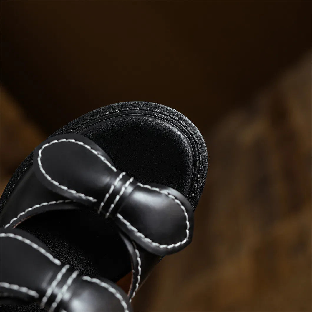 Women's Double-Knot Leather Slides, Square-Toe Flat Sandals with Contrast Stitching, EU 36-40 / US 6-10