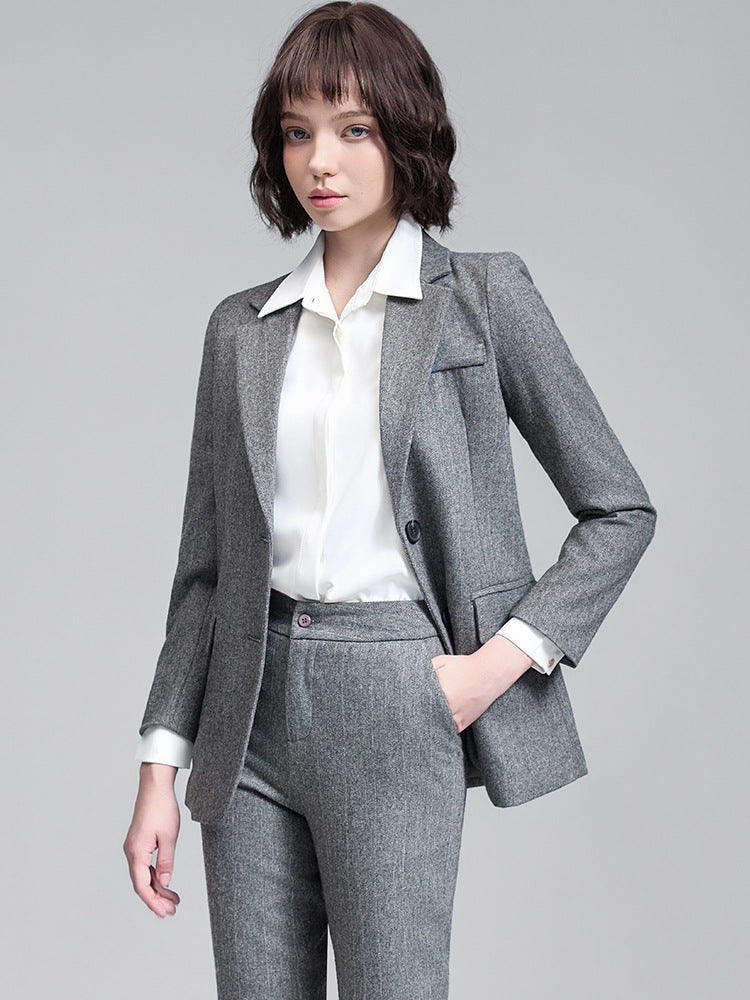 Setelan Jas Bisnis Wanita Bahan Wol Campuran Blazer & Celana Panjang Pakaian Formal Kantor Wawancara untuk Musim Gugur