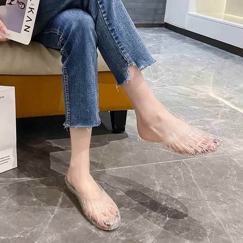 Women Crystal Closed‑Toe Hollow Slides, Non‑Slip Plastic Jelly Mules for Bathroom Home Beach Summer