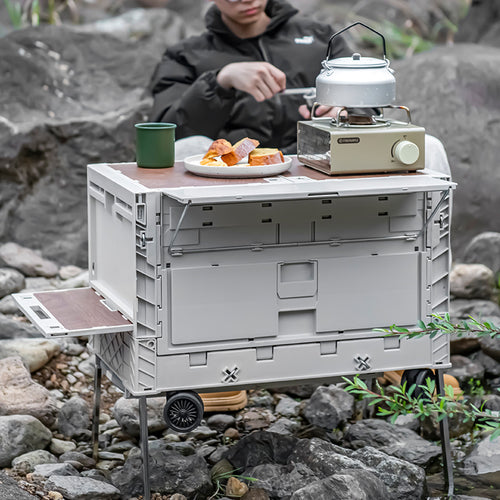 Folding Camping Storage Box with Table – Portable Outdoor Organizer & Utility Cart