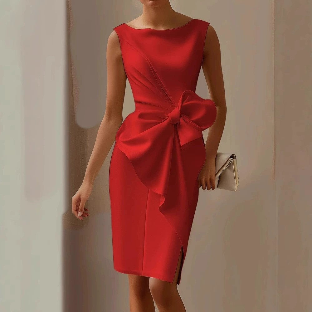 Sleeveless Bow‑Accent Midi Cocktail Dress, Elegant Boat Neck Split Hem Formal Party Dress for Women