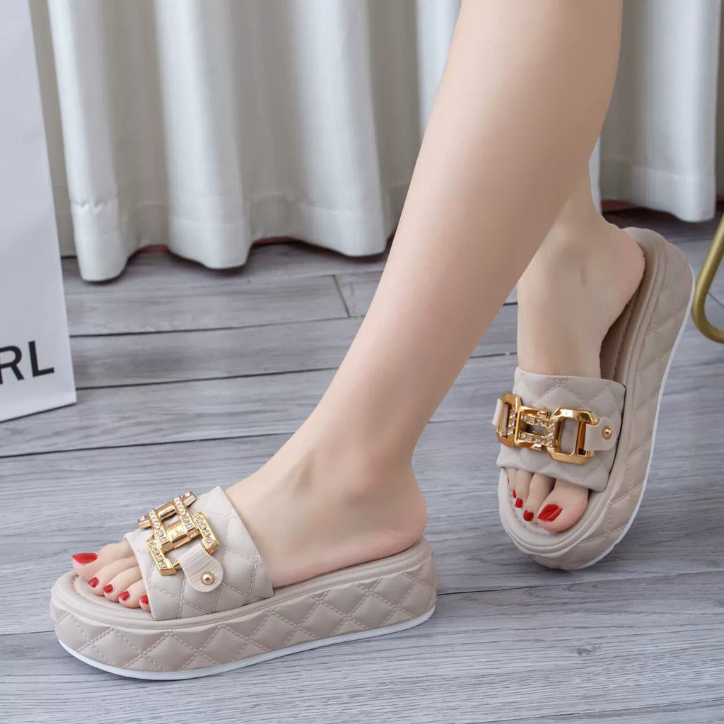 Sandal Platform Gesper Berlian Imitasi Wanita, Selop Modis PVC Ujung Terbuka, Ukuran 36-40