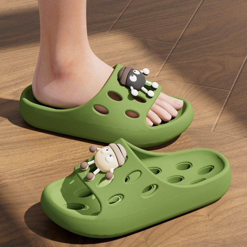Cute Cartoon Decor EVA Shower Slides, Hollow Drainage Non‑Slip Odor‑Resistant Silent Bathroom Slippers for Women