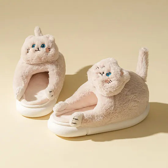 Cute Cat Fuzzy Indoor Slippers, Plush Winter House Shoes with PVC Outsole, Unisex Style