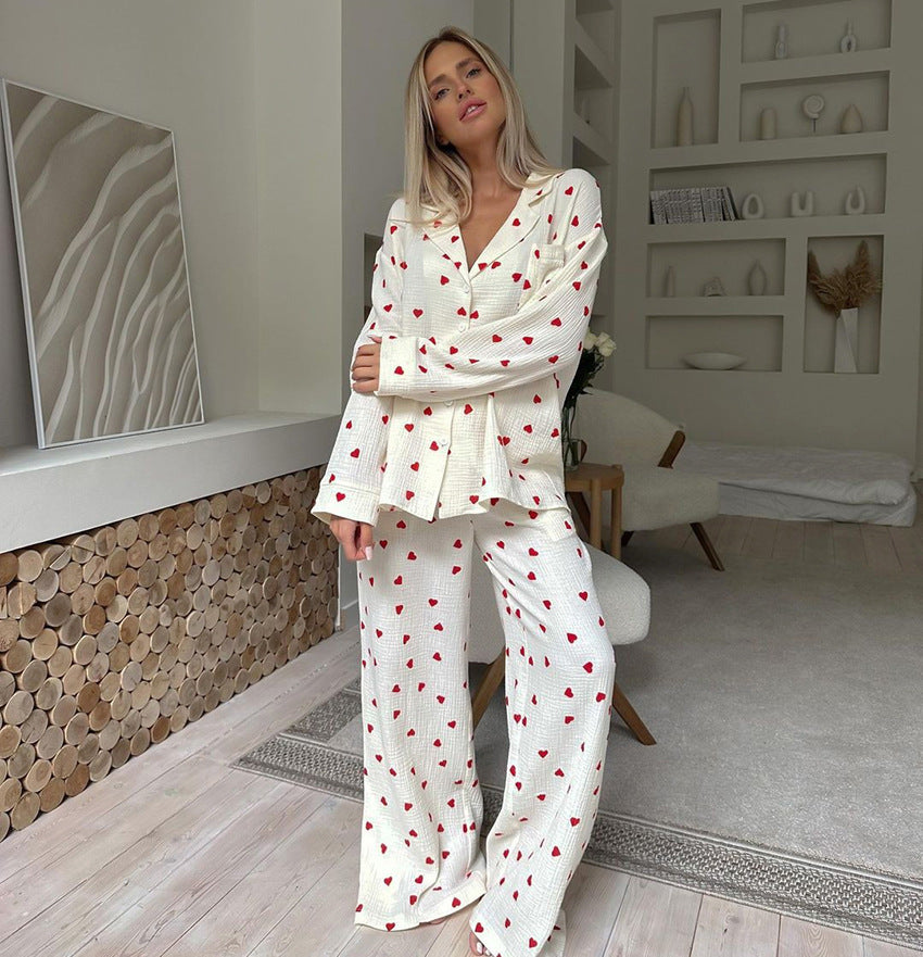 Set Piyama Katun Kerut Motif Hati | Setelan Loungewear 2 Potong Wanita Atasan Kancing Lengan Panjang & Celana Panjang S‑XL