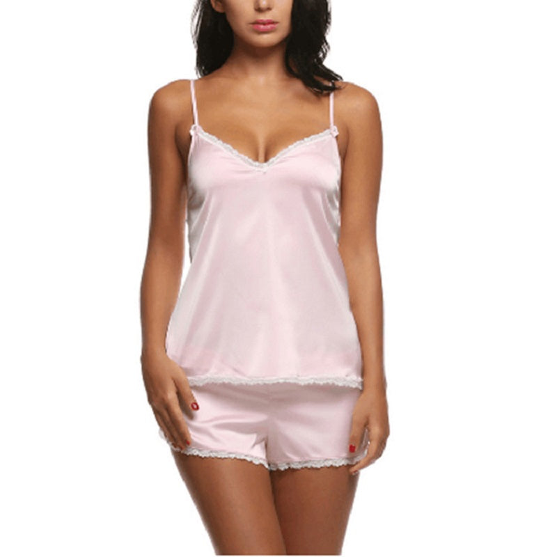 Set Piyama Cami Satin dengan Tepian Renda Wanita, Atasan Tali Spageti dan Celana Pendek, Ukuran XS-XXL