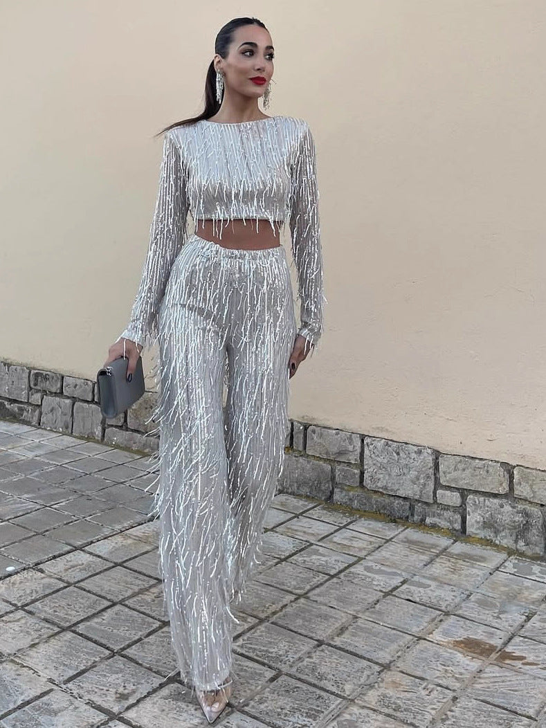 Women Sequin Tassel 2 Piece Party Outfit, Long Sleeve Crop Top + High Waist Flare Pants Set, Sparkly Fringe Nightclub Matching Set