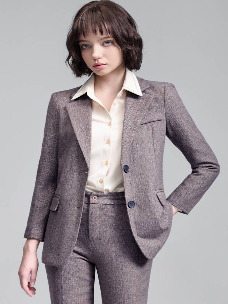 Setelan Jas Bisnis Wanita Bahan Wol Campuran Blazer & Celana Panjang Pakaian Formal Kantor Wawancara untuk Musim Gugur