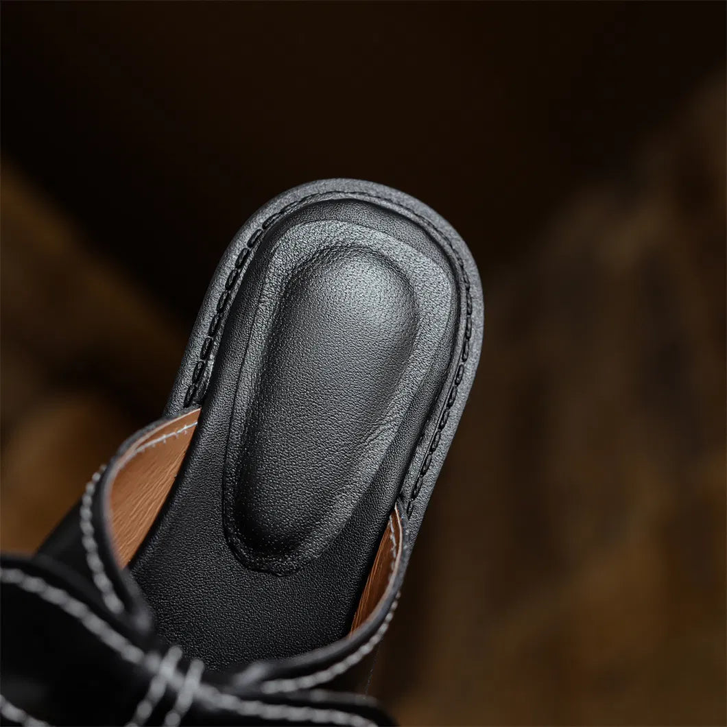 Women's Double-Knot Leather Slides, Square-Toe Flat Sandals with Contrast Stitching, EU 36-40 / US 6-10