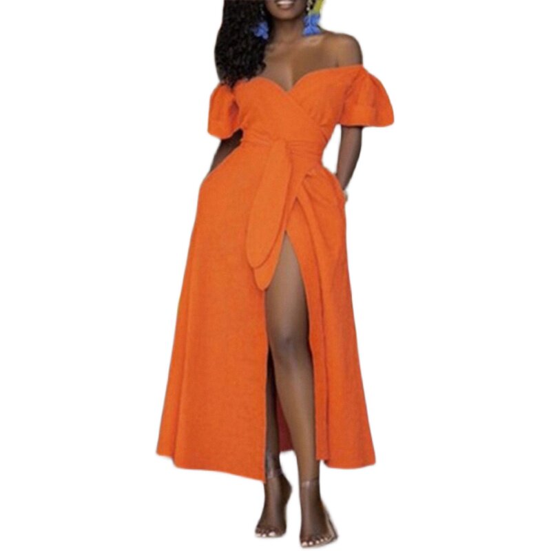 Off‑Shoulder Wrap Maxi Dress | Short Flutter Sleeve Tie Waist High Slit Party Evening Dress for Women S‑3XL