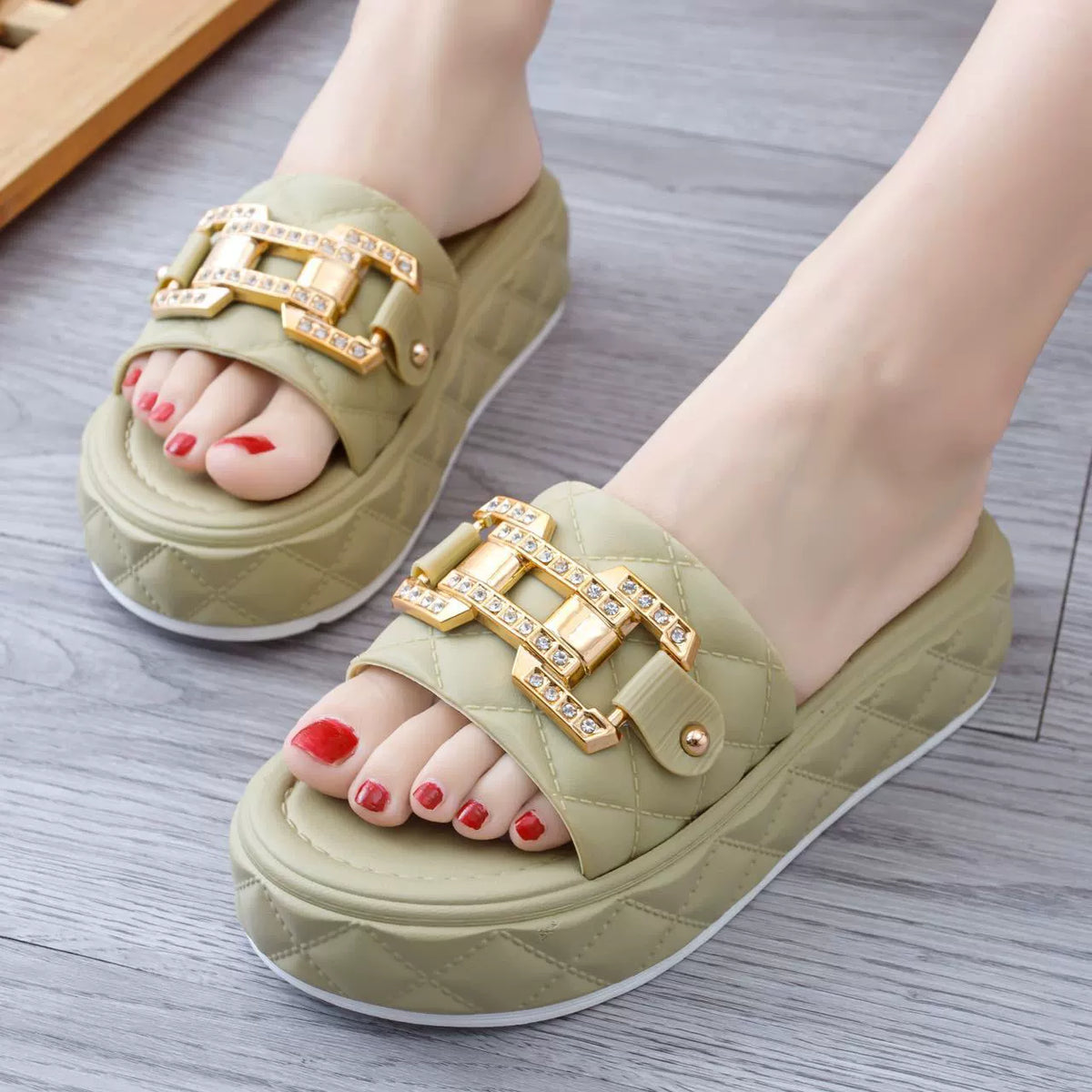 Sandal Platform Gesper Berlian Imitasi Wanita, Selop Modis PVC Ujung Terbuka, Ukuran 36-40