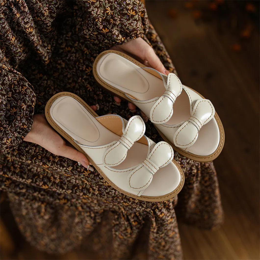 Women's Double-Knot Leather Slides, Square-Toe Flat Sandals with Contrast Stitching, EU 36-40 / US 6-10