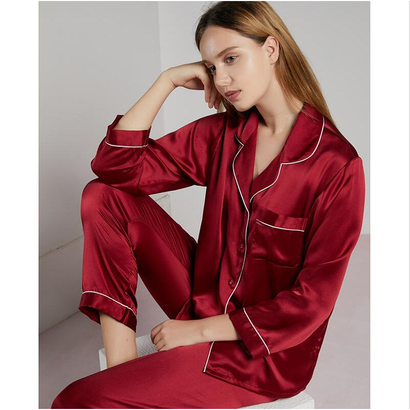 Set Piyama Panjang Wanita Tampilan Satin Kustom, Atasan Kancing Depan Lengan Panjang dan Celana, Ukuran Dibuat Sesuai Pesanan