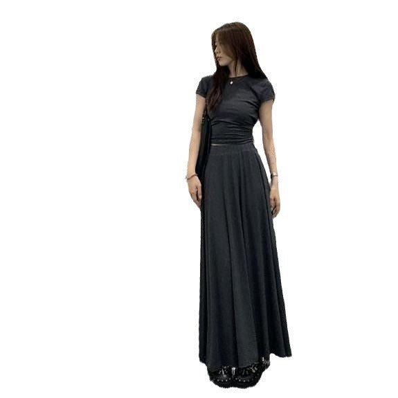 Gaun Maxi Lengan Pendek dengan Kerut, Gaun Panjang Flowy Pinggang Tinggi Pas Badan untuk Wanita