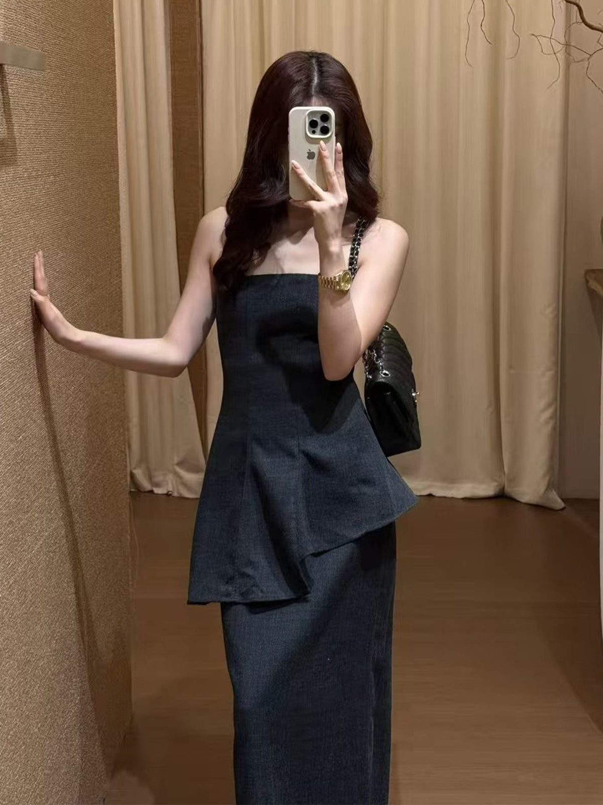 Dark Navy 2‑Piece Outfit | Strapless Tube Top + High‑Waist Midi Skirt Women Summer Co‑ord Set