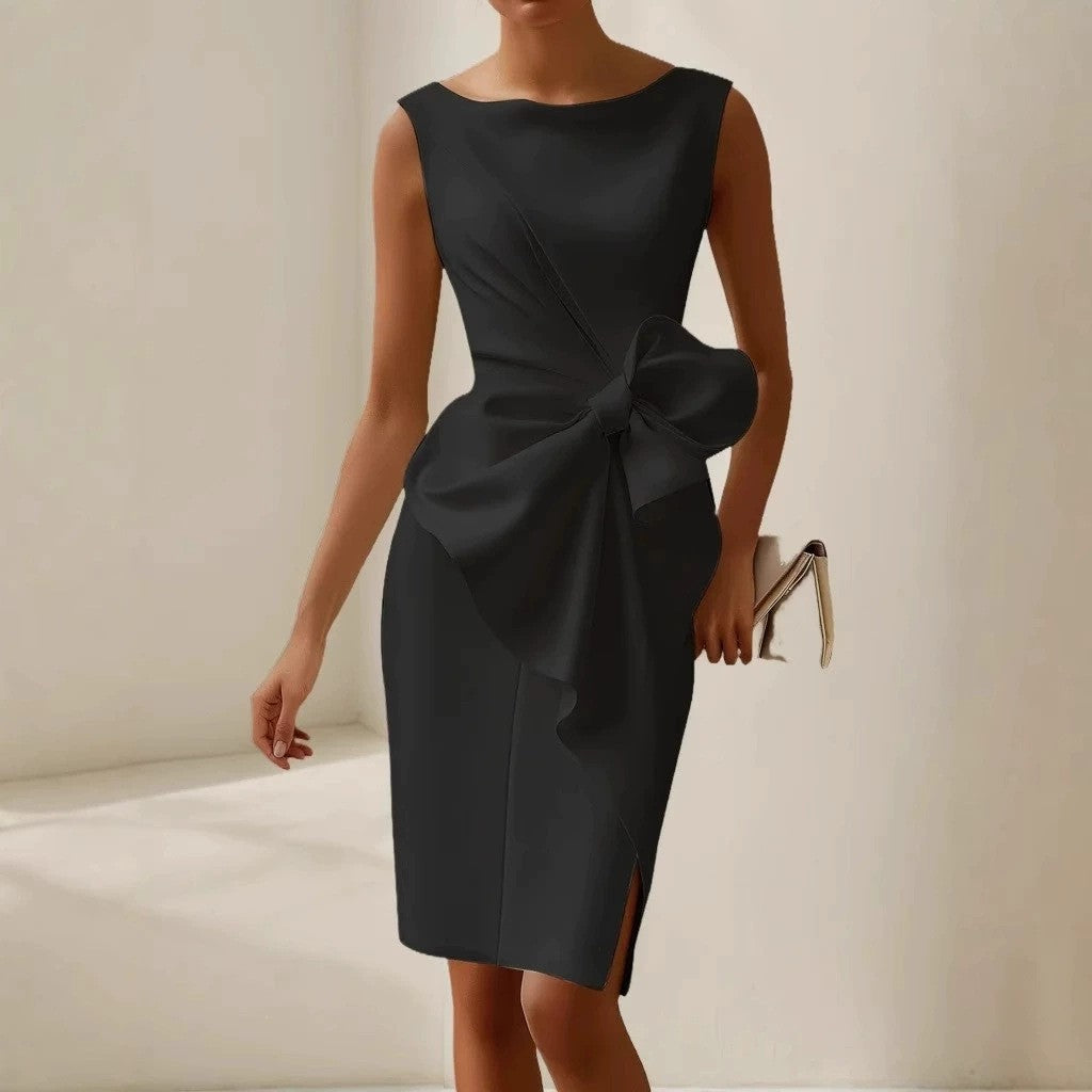 Sleeveless Bow‑Accent Midi Cocktail Dress, Elegant Boat Neck Split Hem Formal Party Dress for Women
