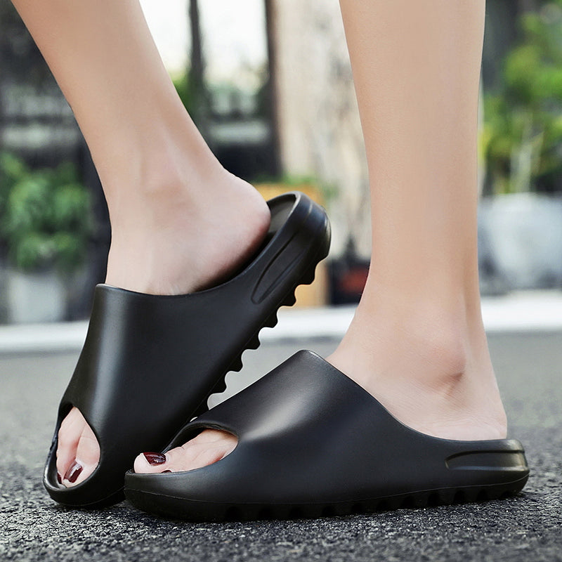 Sandal Platform Cloud Sculpted Wanita, Sandal Kasual Monokrom Ujung Terbuka