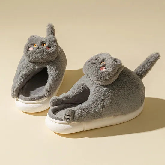 Cute Cat Fuzzy Indoor Slippers, Plush Winter House Shoes with PVC Outsole, Unisex Style