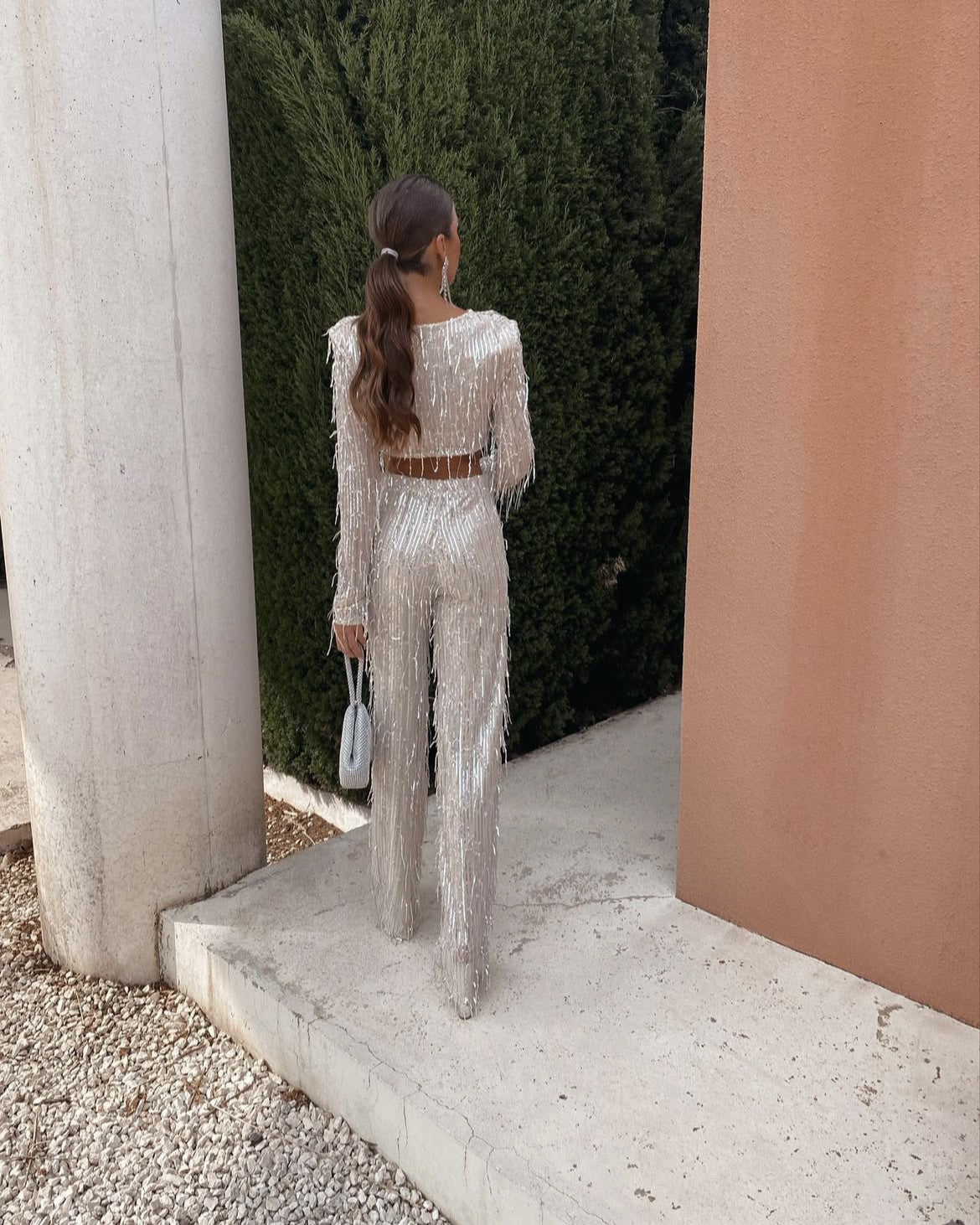 Women Sequin Tassel 2 Piece Party Outfit, Long Sleeve Crop Top + High Waist Flare Pants Set, Sparkly Fringe Nightclub Matching Set