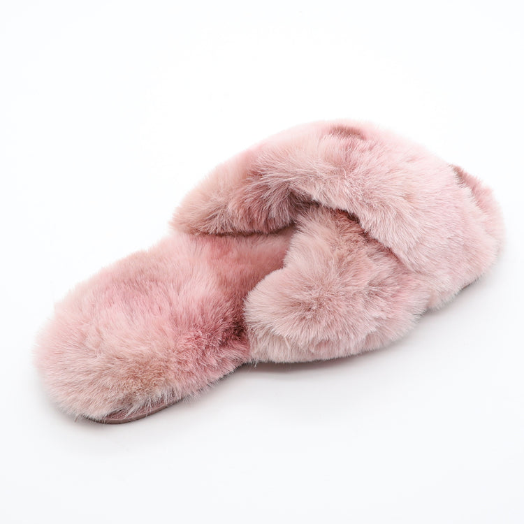 Cross-Band Faux-Fur Slippers for Women, Plush Open-Toe Indoor House Shoes, EU Sizes 36-46