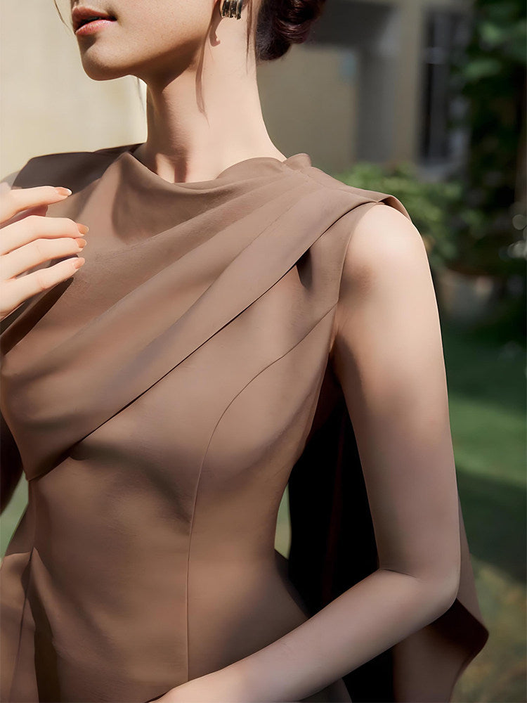 Women's Camel Asymmetric Draped Sleeveless Mini Dress