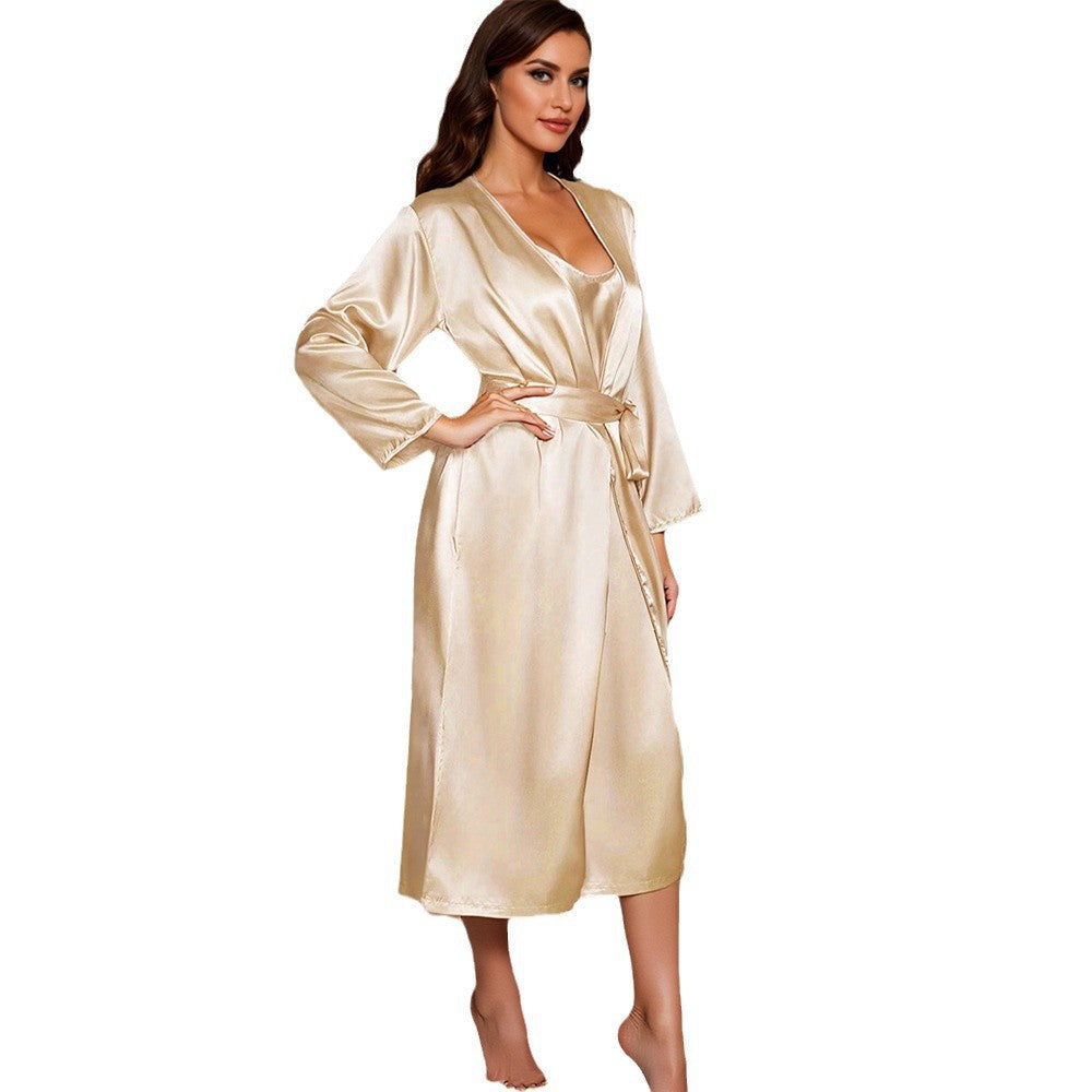 Set Piyama Satin Wanita Baju Tidur Kamisol Kerah V + Jubah Lengan Panjang Pakaian Santai Halus