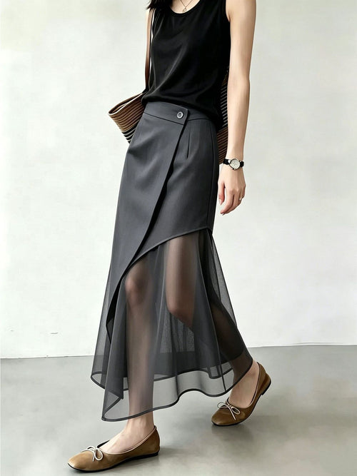 Dark Grey Asymmetrical Mesh Overlay Midi Skirt, Elegant High‑Waist A‑Line Long Skirt for Women