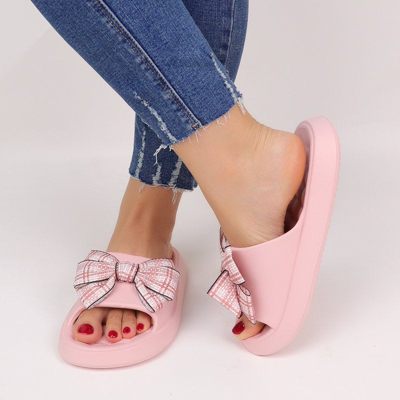 Women’s Oversized Bow Platform Slides, Soft-Look Upper and Chunky Open-Toe Sole
