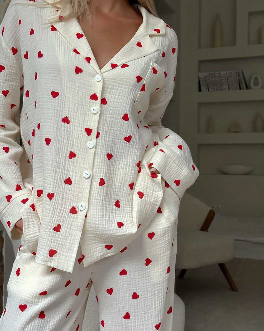 Set Piyama Katun Kerut Motif Hati | Setelan Loungewear 2 Potong Wanita Atasan Kancing Lengan Panjang & Celana Panjang S‑XL