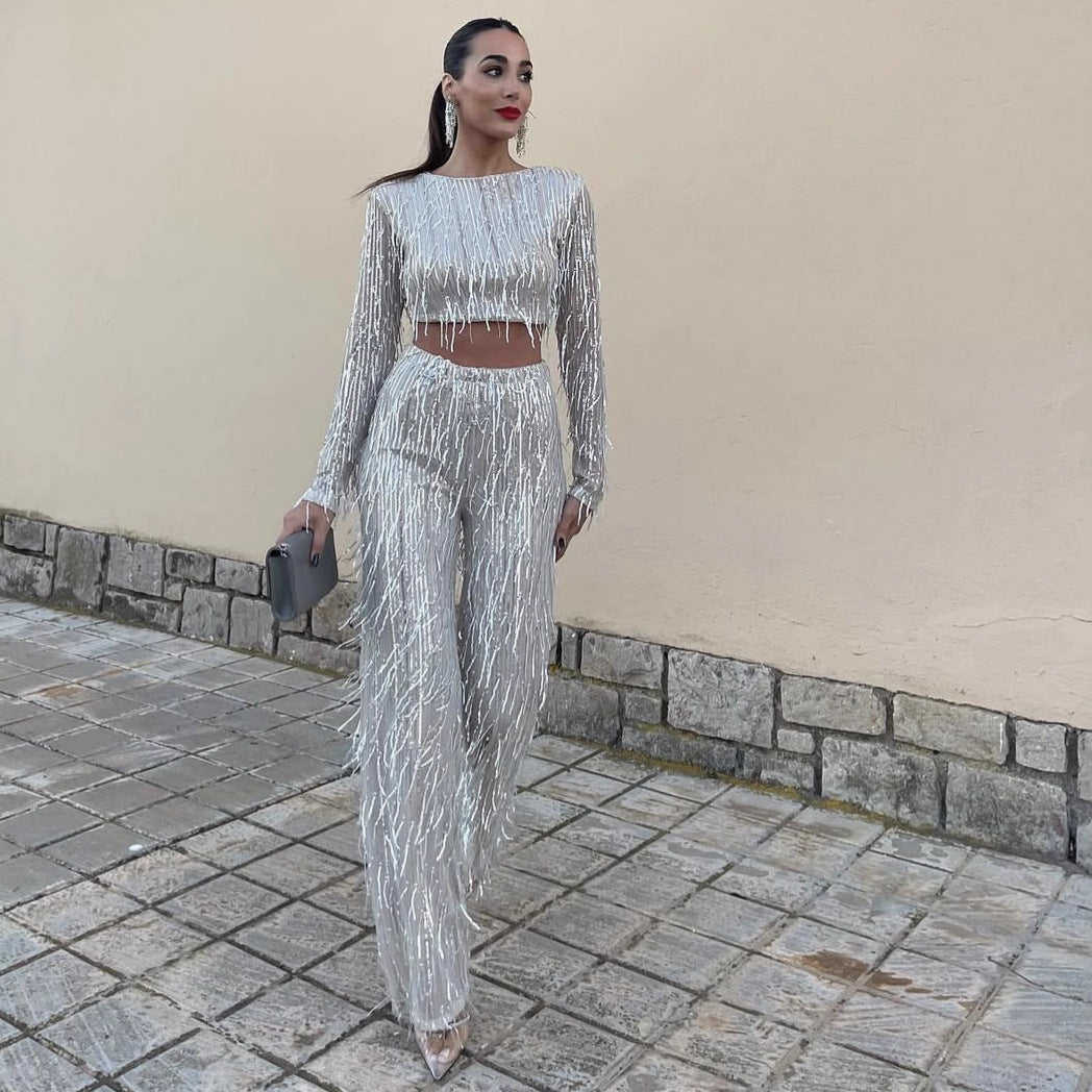 Women Sequin Tassel 2 Piece Party Outfit, Long Sleeve Crop Top + High Waist Flare Pants Set, Sparkly Fringe Nightclub Matching Set