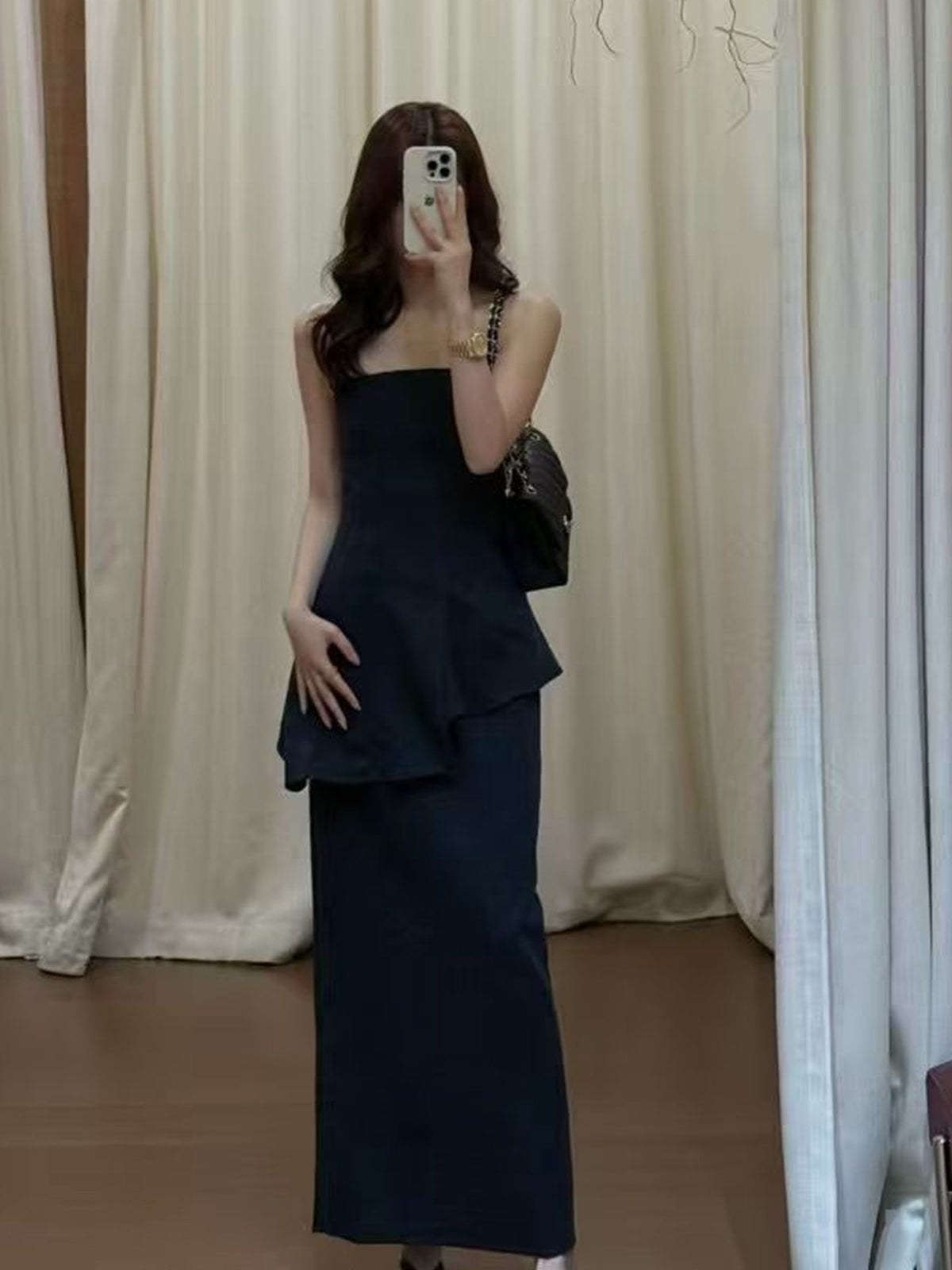 Dark Navy 2‑Piece Outfit | Strapless Tube Top + High‑Waist Midi Skirt Women Summer Co‑ord Set